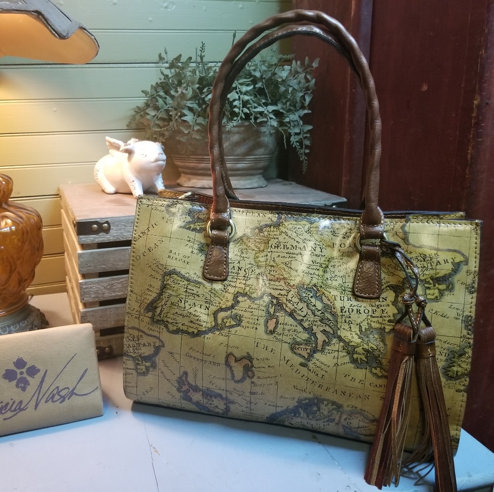 Patricia Nash Map-Print Tote in Olive and Brown with Tassel